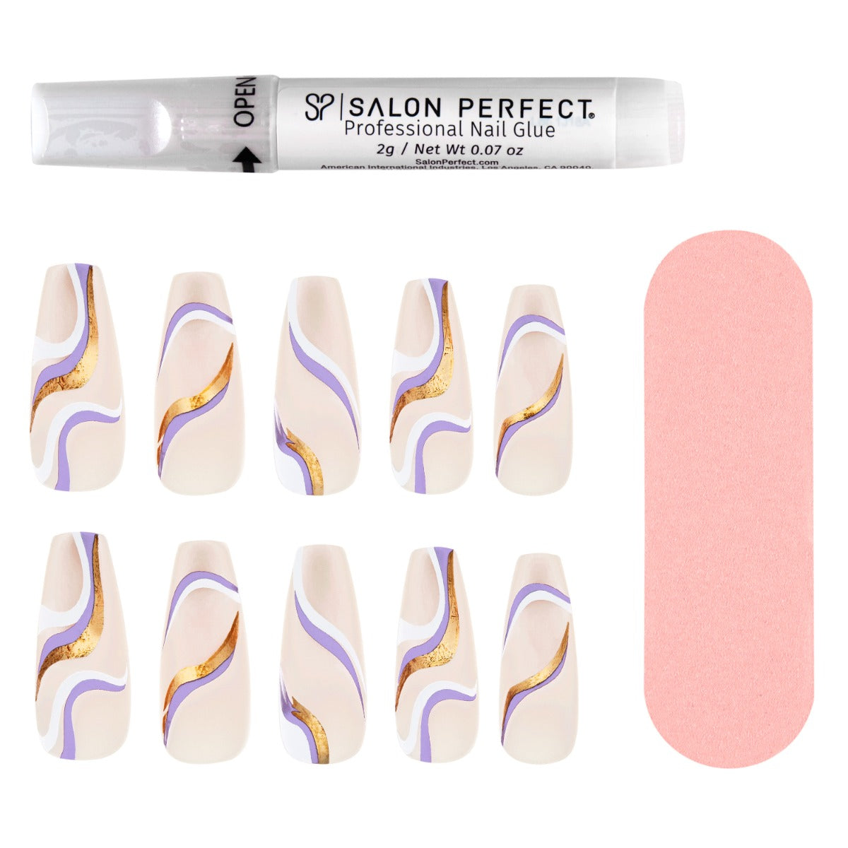 A front view of Salon Perfect Liquid Gold Purple Swirl Artificial Nail Set with nail file and proffesional nail glue out of packaging
