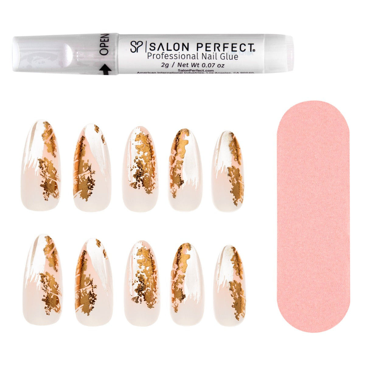 A front view of Salon Perfect Liquid Gold Gold Flake Artificial Nail Set with nail file and proffesional nail glue out of packaging
