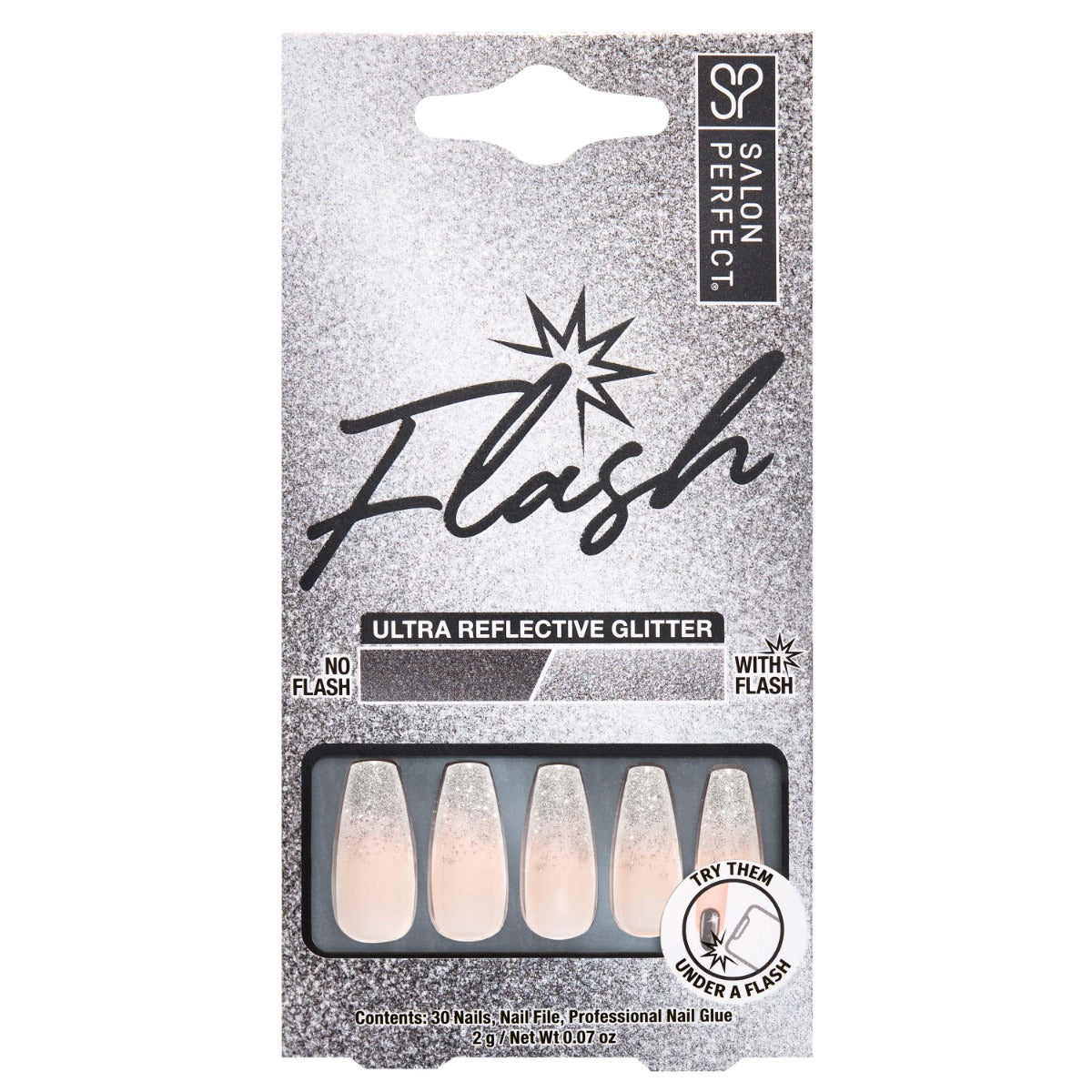 A front view of Salon Perfect Flash Silver Ombre Artificial Nail set in packaging
