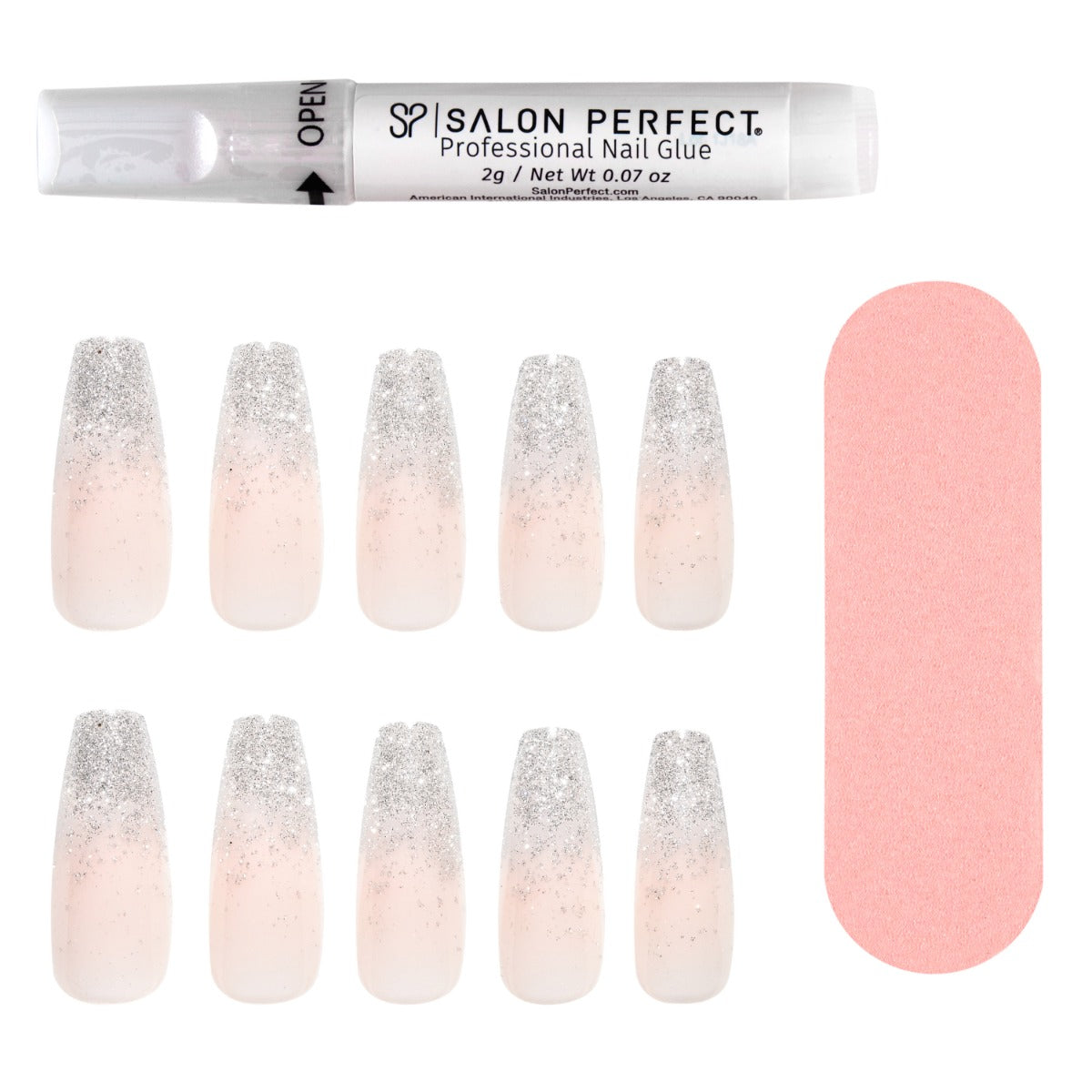 A front view of Salon Perfect Flash Silver Ombre Artificial Nail Set with nail file and proffesional nail glue out of packaging
