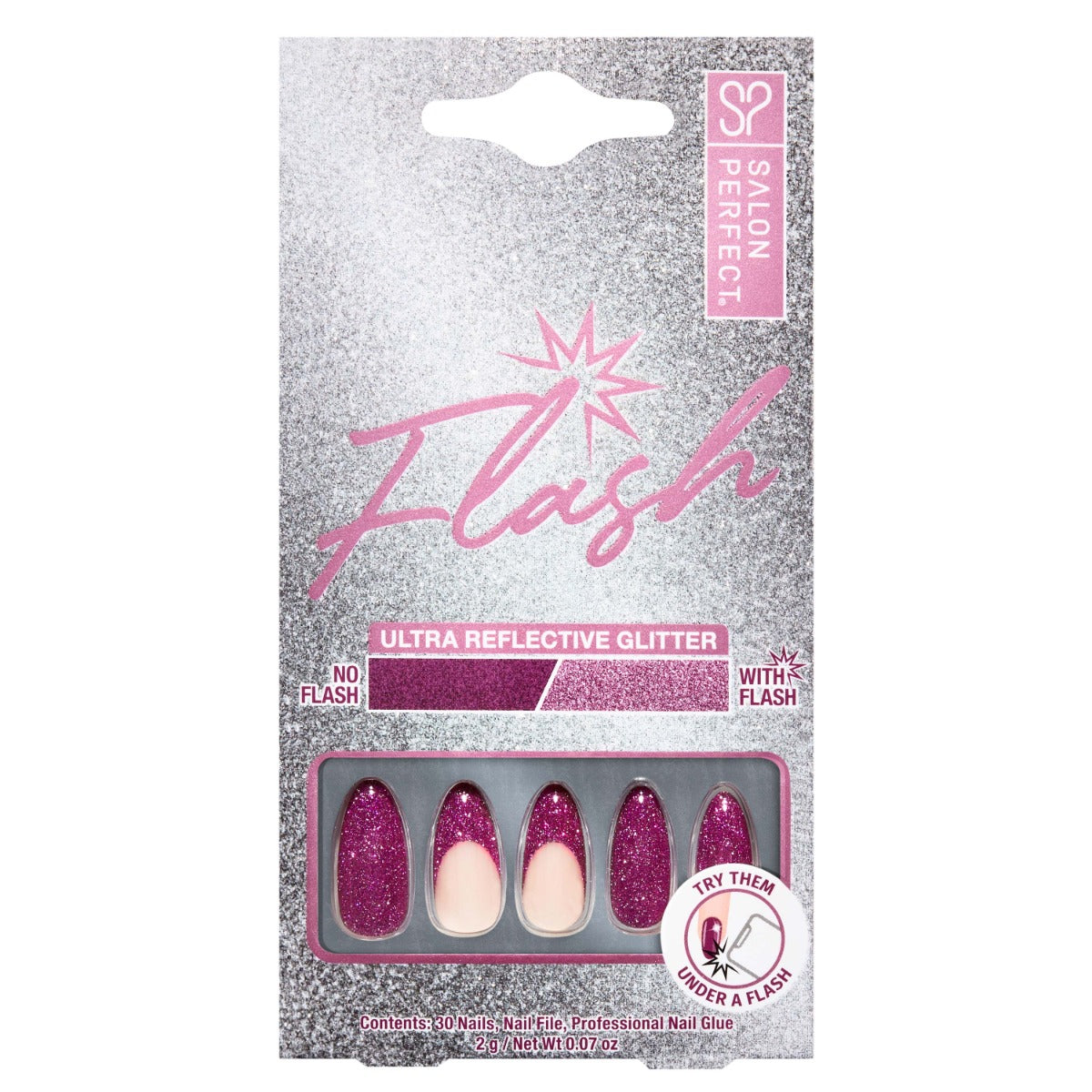 A front view of Salon Perfect Flash Fuchsia French  Artificial Nail set in packaging
