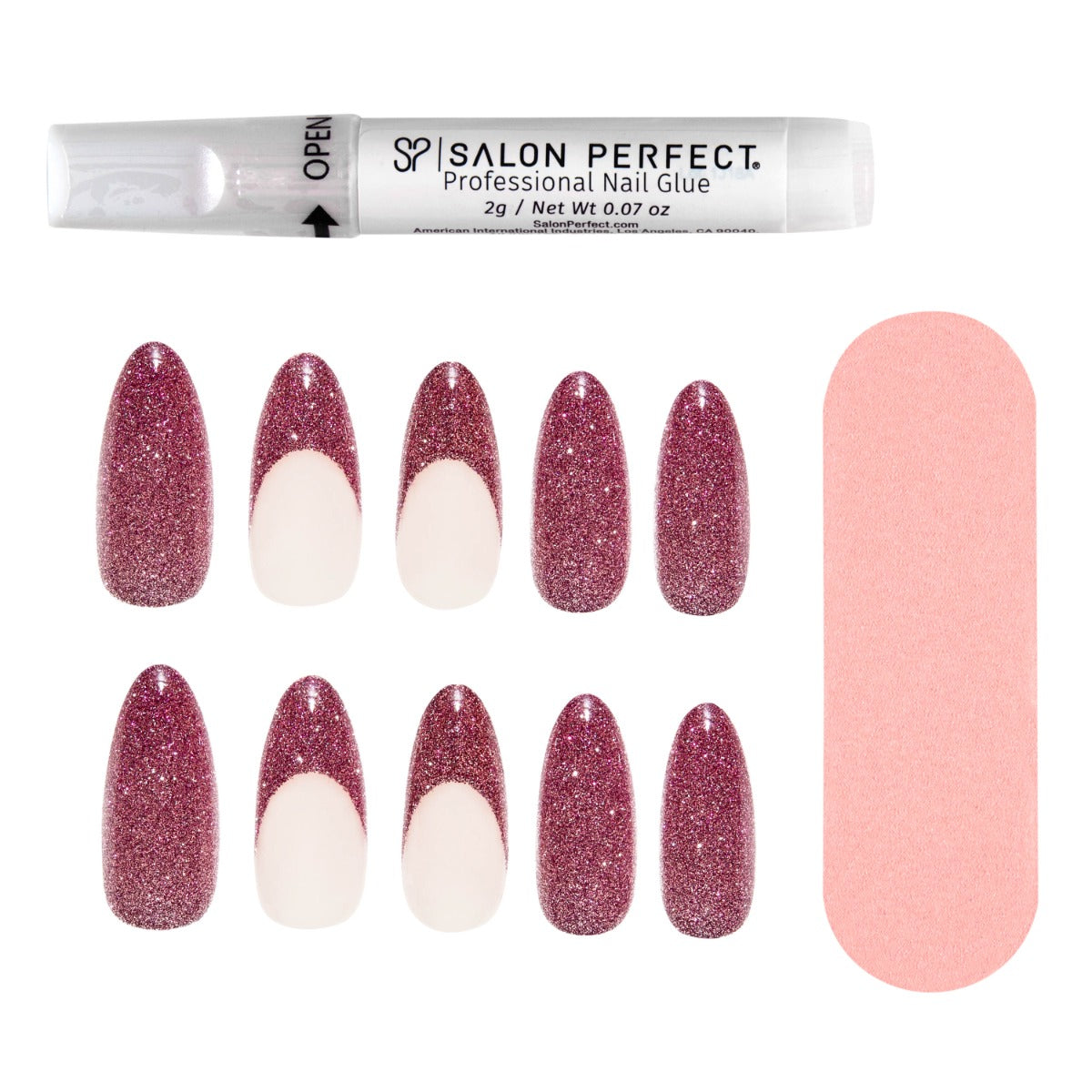 A front view of Salon Perfect Flash Fuchsia French Artificial Nail Set with nail file and proffesional nail glue out of packaging
