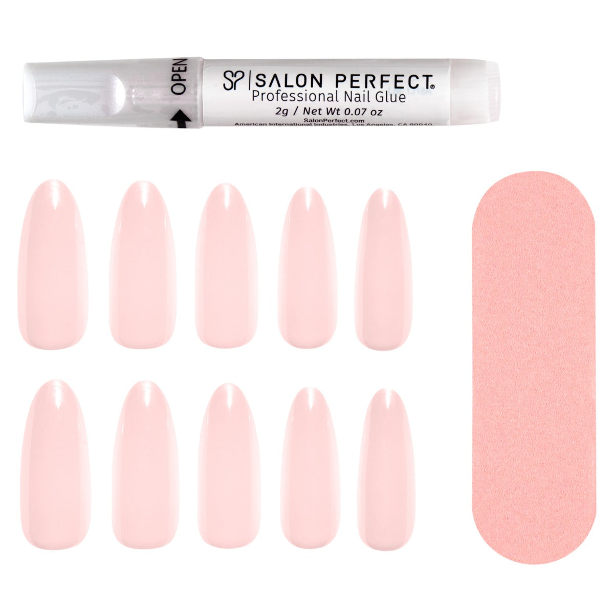 A front view of Salon Perfect Glazed Short Artificial Nail Set with nail file and proffesional nail glue out of packaging
