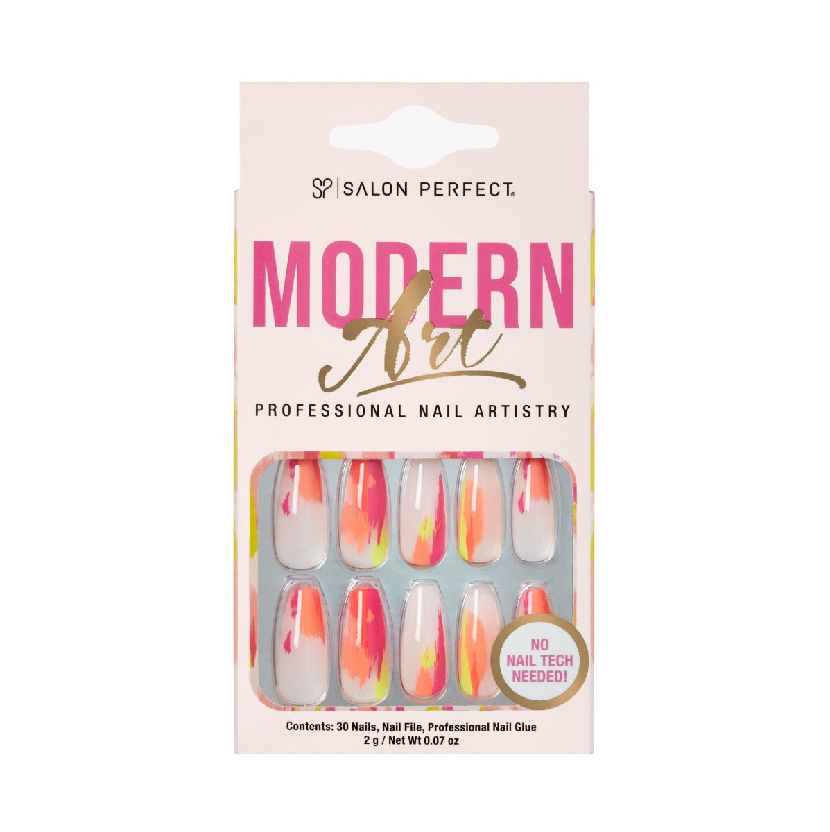 Salon Perfect Modern Art press-on nails with a neon abstract brushstroke design, featuring 30 nails, nail glue, and a nail file.