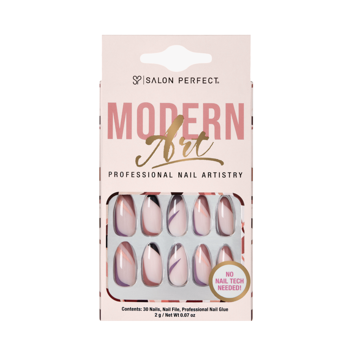 Salon Perfect Modern Art press-on nails with abstract nude and brown design, featuring 30 nails, nail glue, and a nail file.