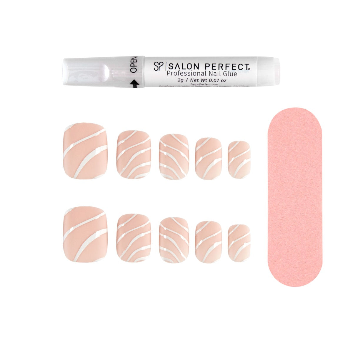 Nude press-on nails with white wavy line accents from Salon Perfect Modern Art, including nail glue and a nail file for easy application.
