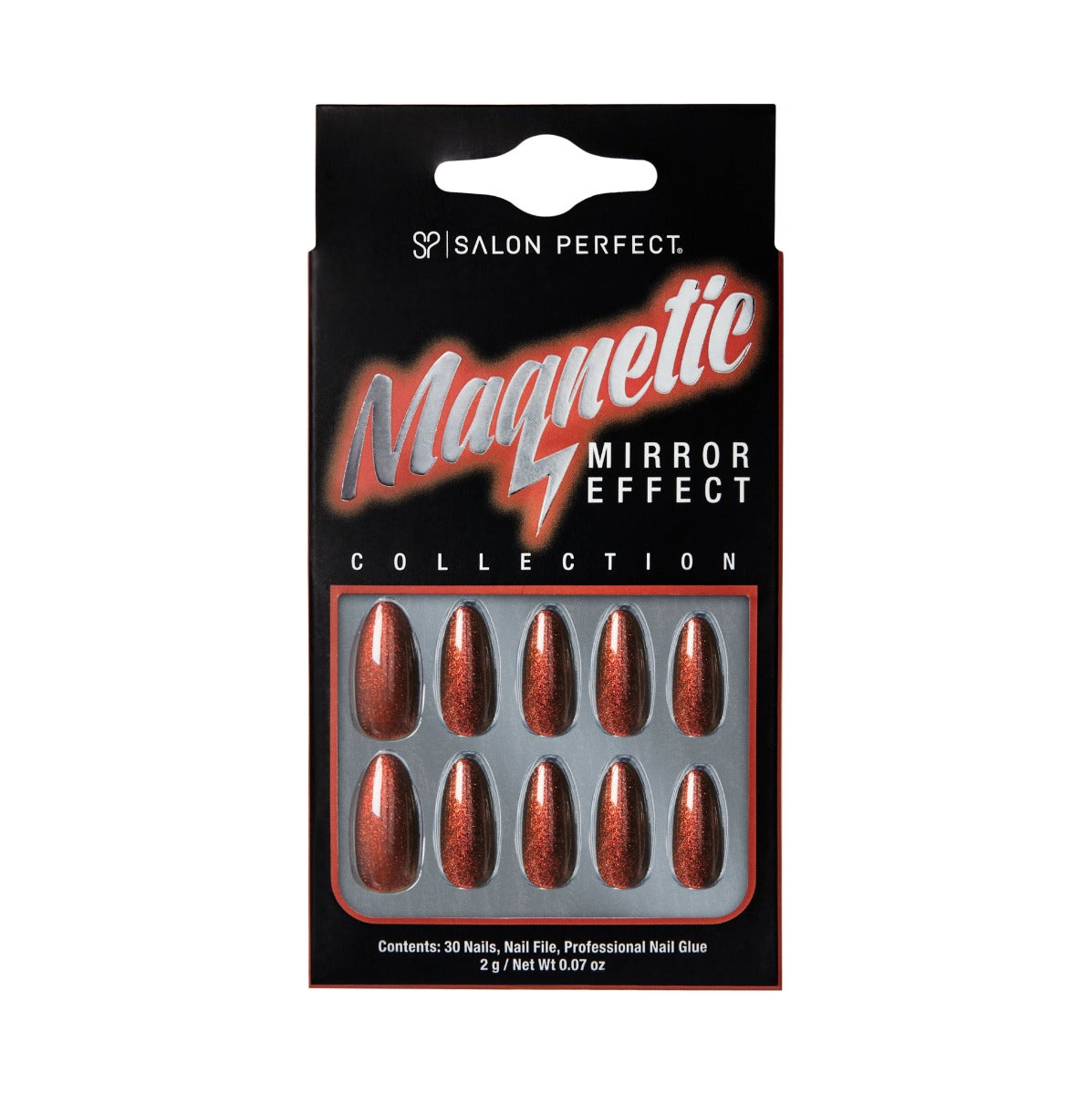 Salon Perfect Magnetic Mirror Effect press-on nails in magnetic gold with a shimmering finish, featuring 30 nails, nail glue, and a file.