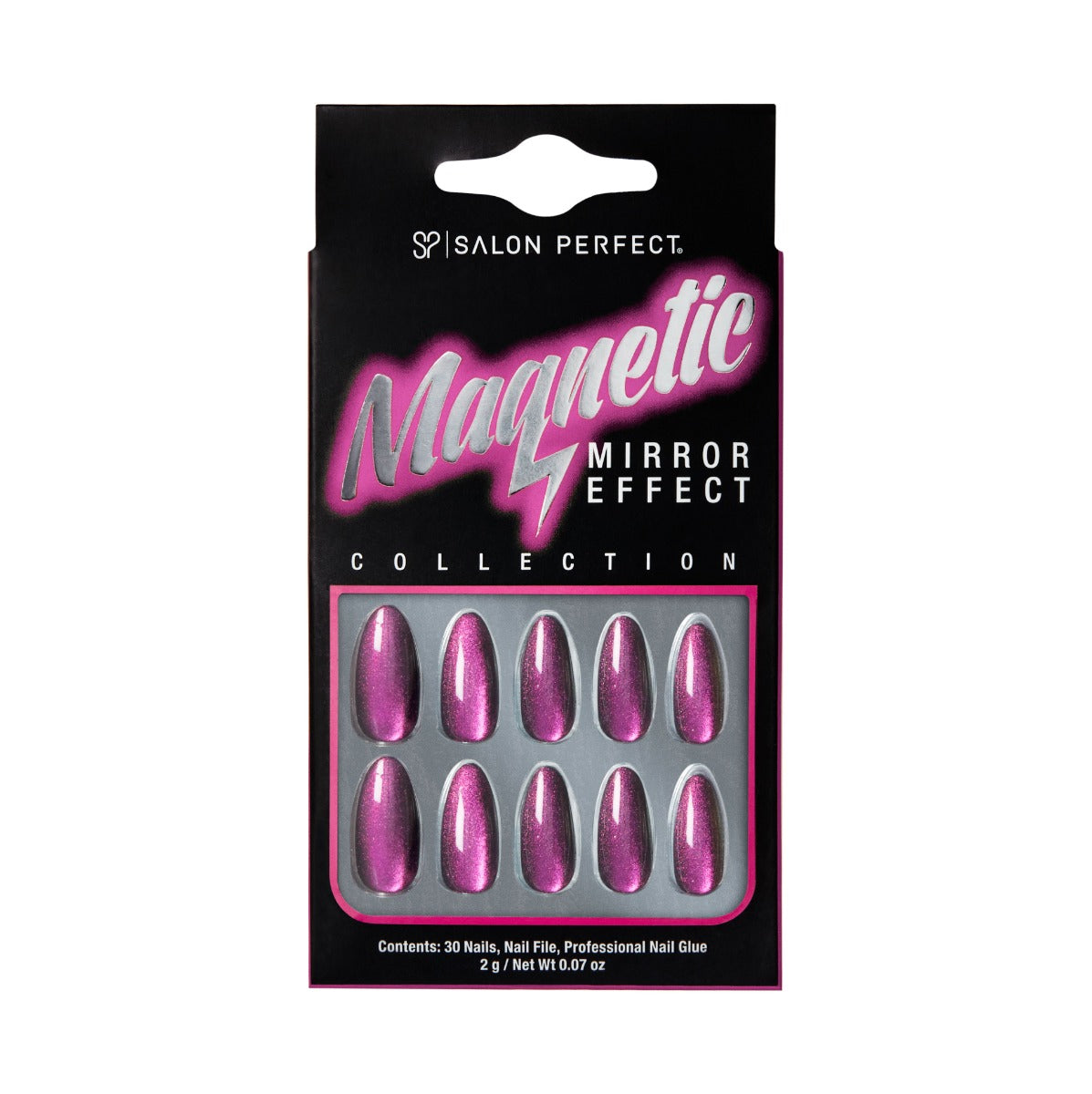 Salon Perfect Magnetic Mirror Effect press-on nails in magnetic pink with a shimmering finish, featuring 30 nails, nail glue, and a file.