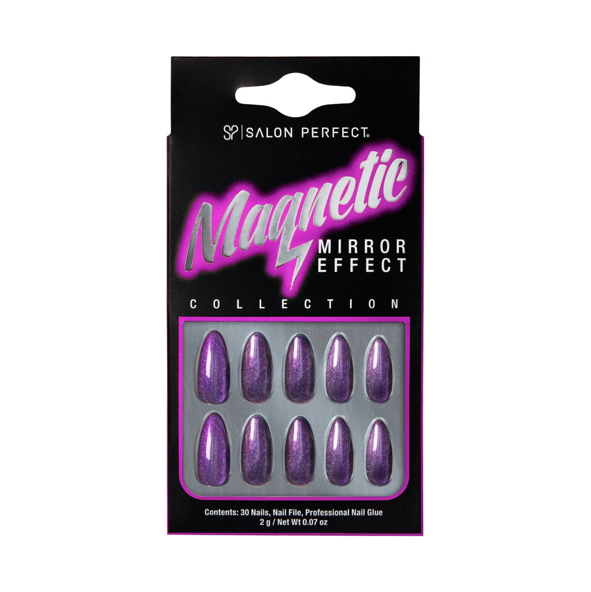 Salon Perfect Magnetic Mirror Effect press-on nails in magnetic purple with a shimmering finish, featuring 30 nails, nail glue, and a file.