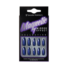 Salon Perfect Magnetic Mirror Effect press-on nails in magnetic blue with a shimmering finish, featuring 30 nails, nail glue, and a file.