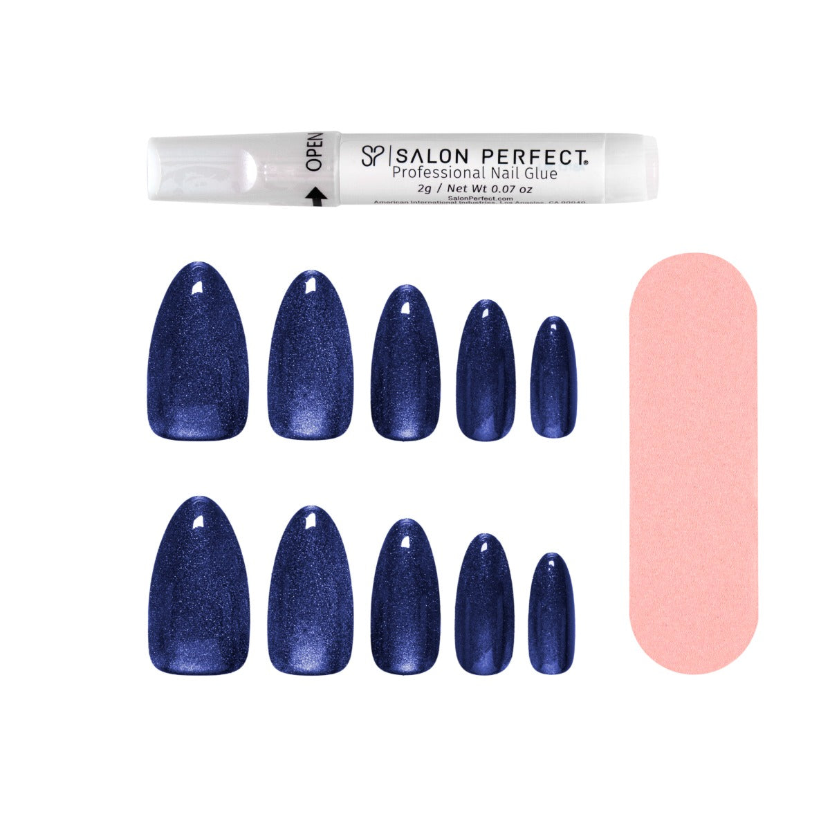 Salon Perfect Magnetic Mirror Effect press-on nails in magnetic blue shimmer, with included nail glue and nail file for easy application.