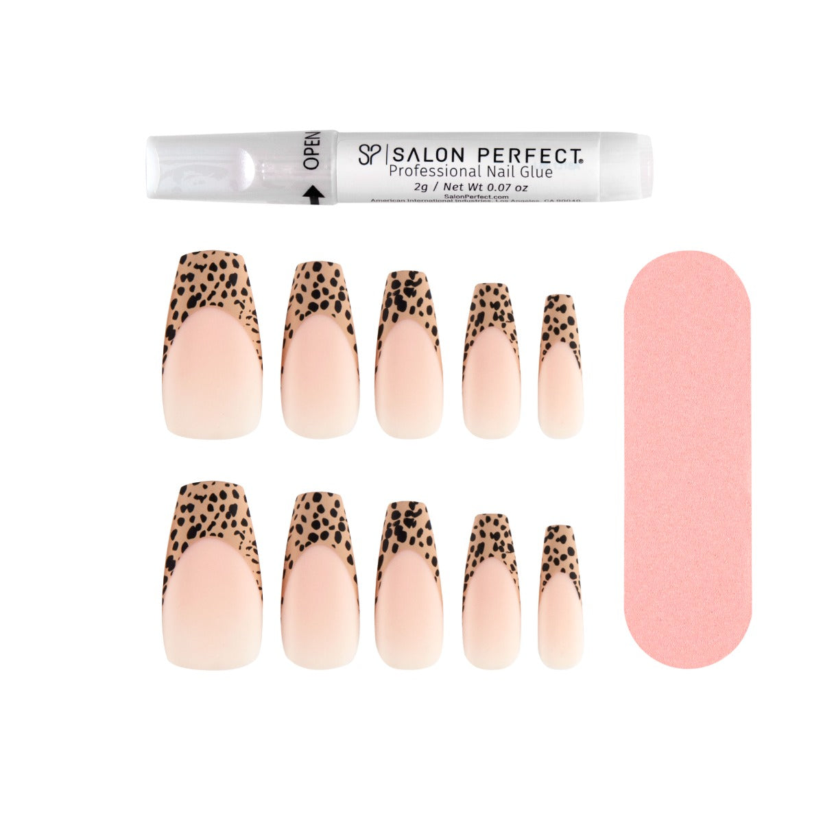 Cheetah print French tip press-on nails from Salon Perfect Modern French collection, including nail glue and a nail file for easy application.