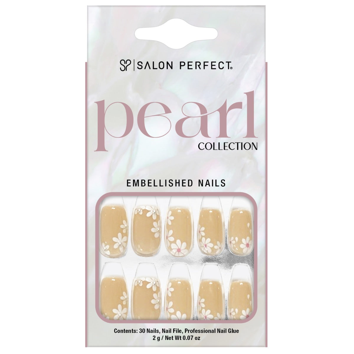 Front side of packaging for SALON PERFECT NAIL 168 PEARL SHORT FLOWER ACCENT PEARLS