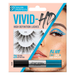 Salon Perfect Vivid HD Lashes 635 with 2X volume and blue 2-in-1 liner plus lash adhesive for dramatic eye enhancement.