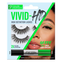 Salon Perfect Vivid HD Lashes 636 with 2X volume and green 2-in-1 liner plus lash adhesive for high-definition lash styling.