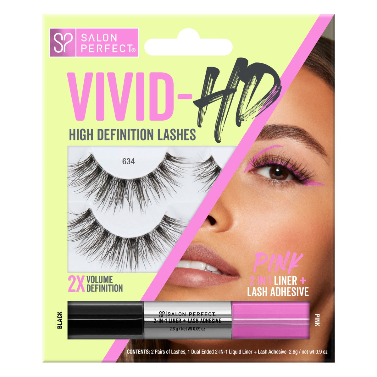 Salon Perfect Vivid HD Lashes 634 with 2X volume and pink 2-in-1 liner plus lash adhesive for bold eye looks.